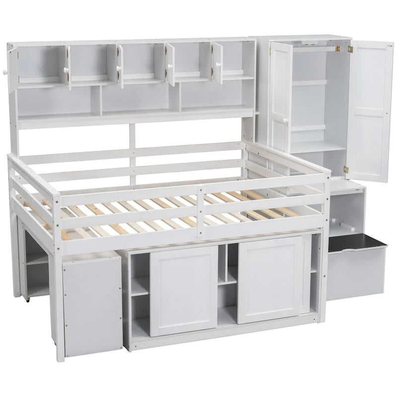 Full Size Wooden Loft Bed Big Storage with Under-bed Desk