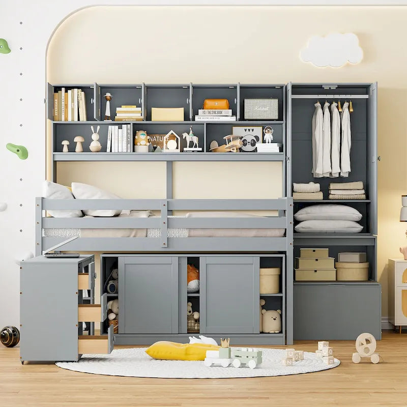 Full Size Wooden Loft Bed Big Storage with Under-bed Desk