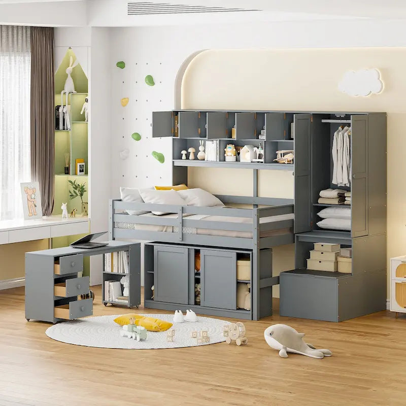 Full Size Wooden Loft Bed Big Storage with Under-bed Desk
