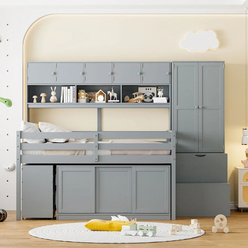 Full Size Wooden Loft Bed Big Storage with Under-bed Desk