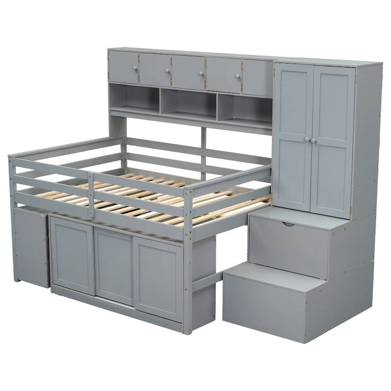 Full Size Wooden Loft Bed Big Storage with Under-bed Desk