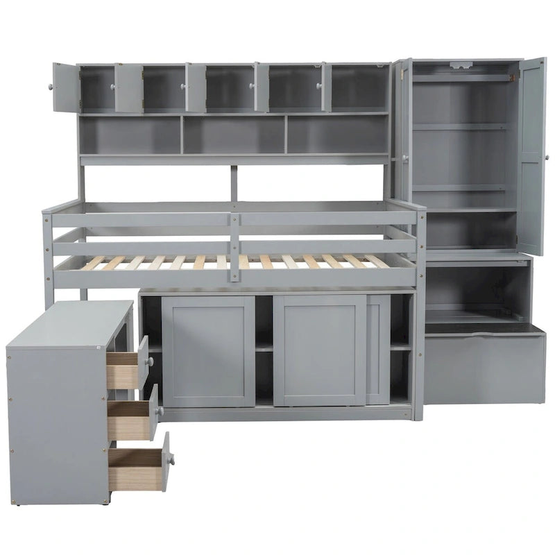 Full Size Wooden Loft Bed Big Storage with Under-bed Desk