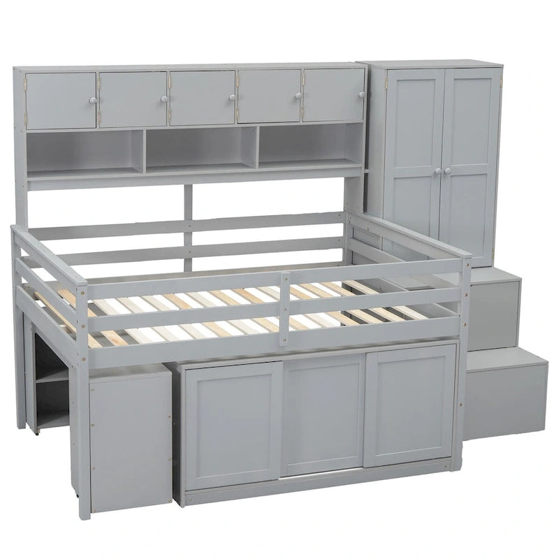 Full Size Wooden Loft Bed Big Storage with Under-bed Desk