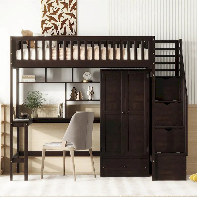 Merax Twin size Loft Bed with Bookshelf,Drawers,Desk,and Wardrobe