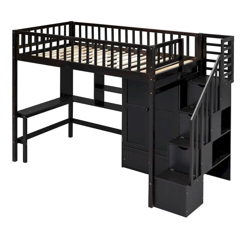 Twin size Loft Bed with Bookshelf,Drawers,Desk,and Wardrobe