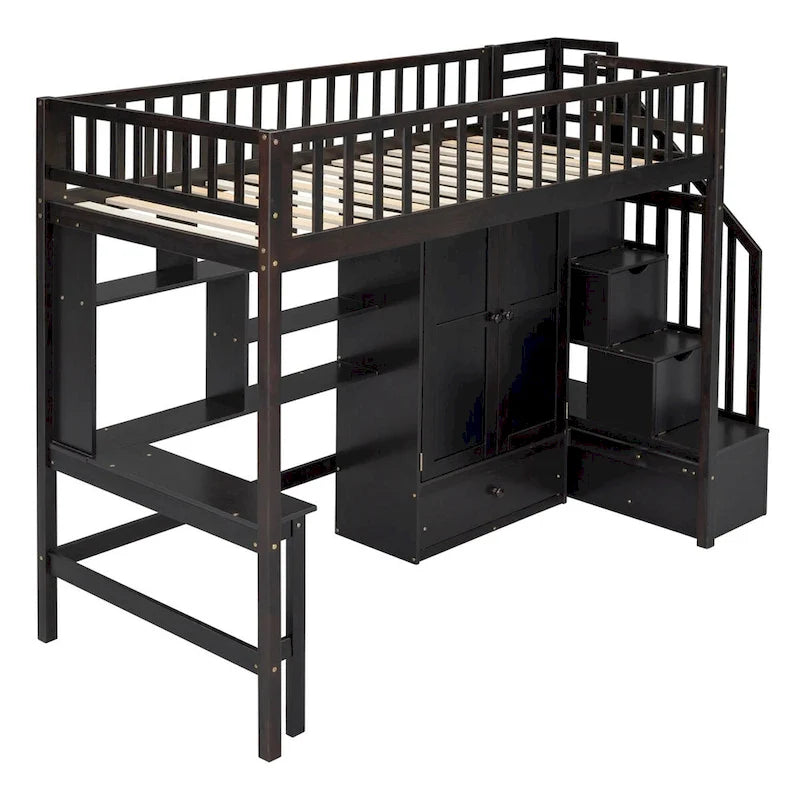 Twin size Loft Bed with Bookshelf,Drawers,Desk,and Wardrobe