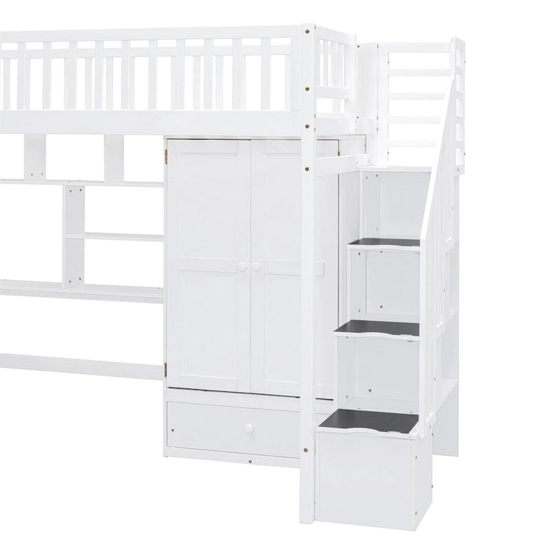Twin size Loft Bed with Bookshelf,Drawers,Desk,and Wardrobe