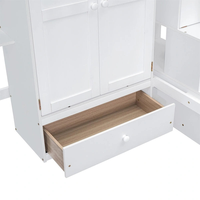 Twin size Loft Bed with Bookshelf,Drawers,Desk,and Wardrobe