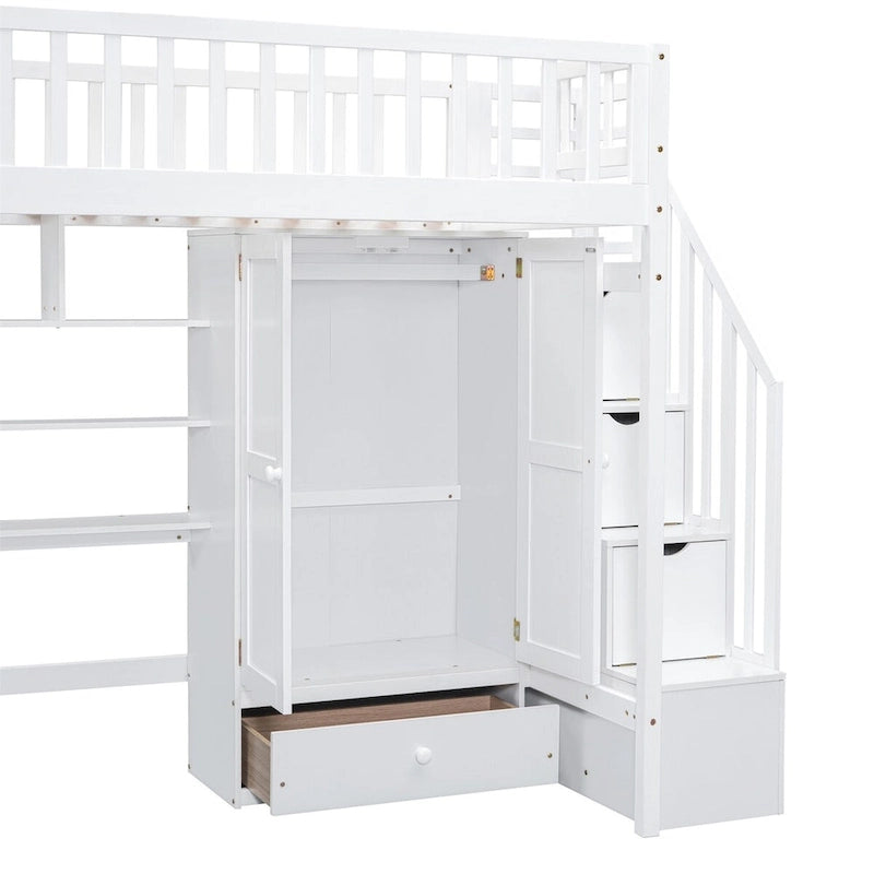 Twin size Loft Bed with Bookshelf,Drawers,Desk,and Wardrobe