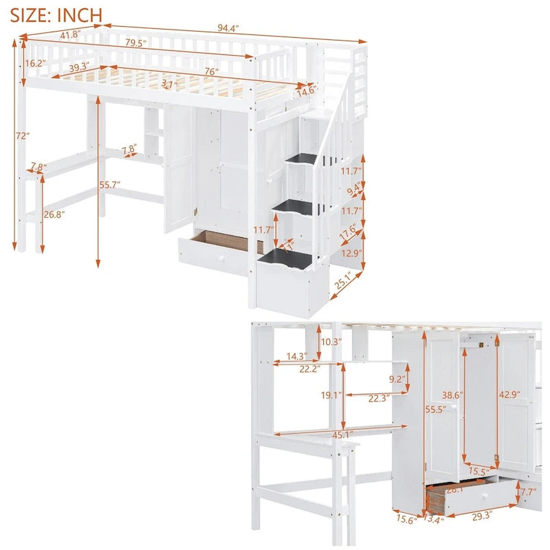 Twin size Loft Bed with Bookshelf,Drawers,Desk,and Wardrobe