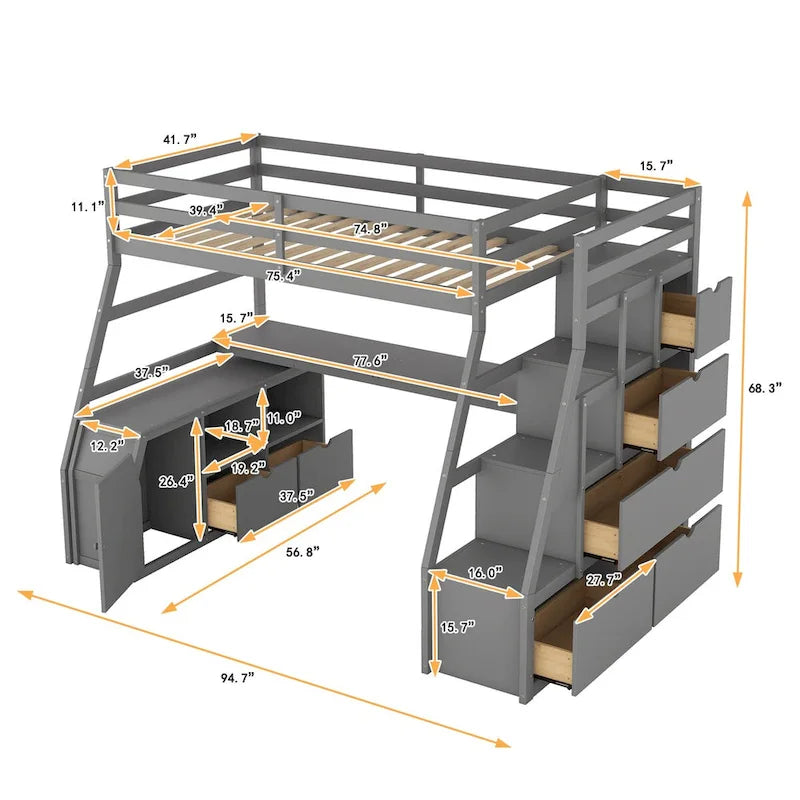 Twin Loft Bed with Integrated Drawers, Shelves & Desk for Versatile Use