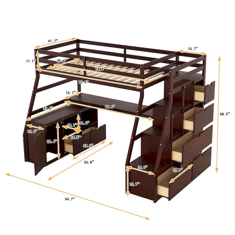 Twin Loft Bed with Integrated Drawers, Shelves & Desk for Versatile Use