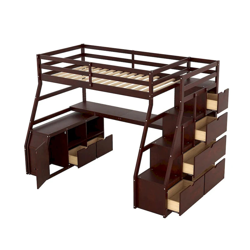 Twin Loft Bed with Integrated Drawers, Shelves & Desk for Versatile Use