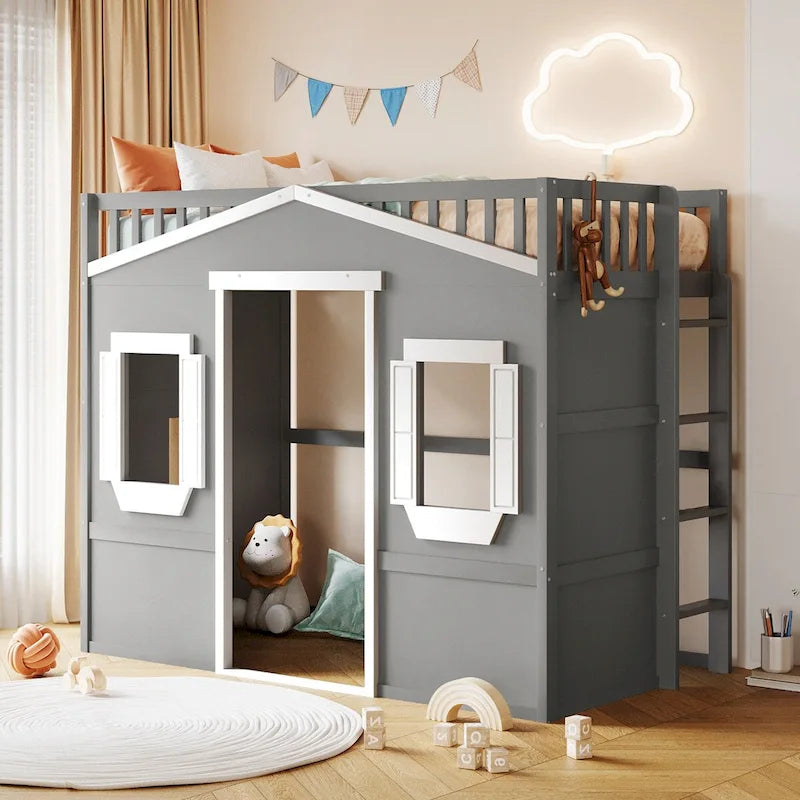 Twin Size Creativity House Bed Wood Loft Bed with Ladder