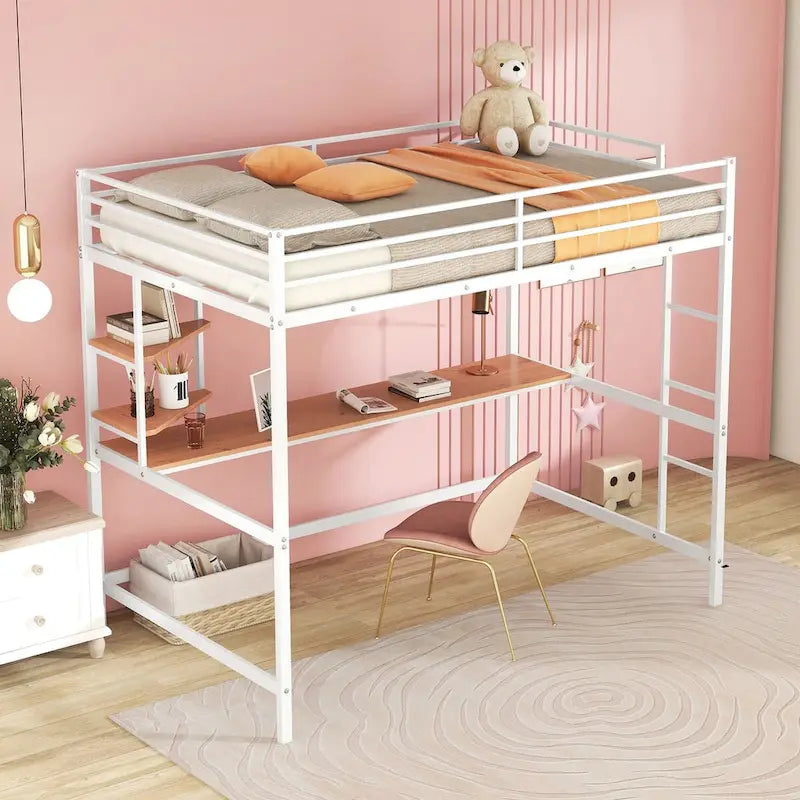 Metal Loft Bed with Desk and Shelves, Full Size