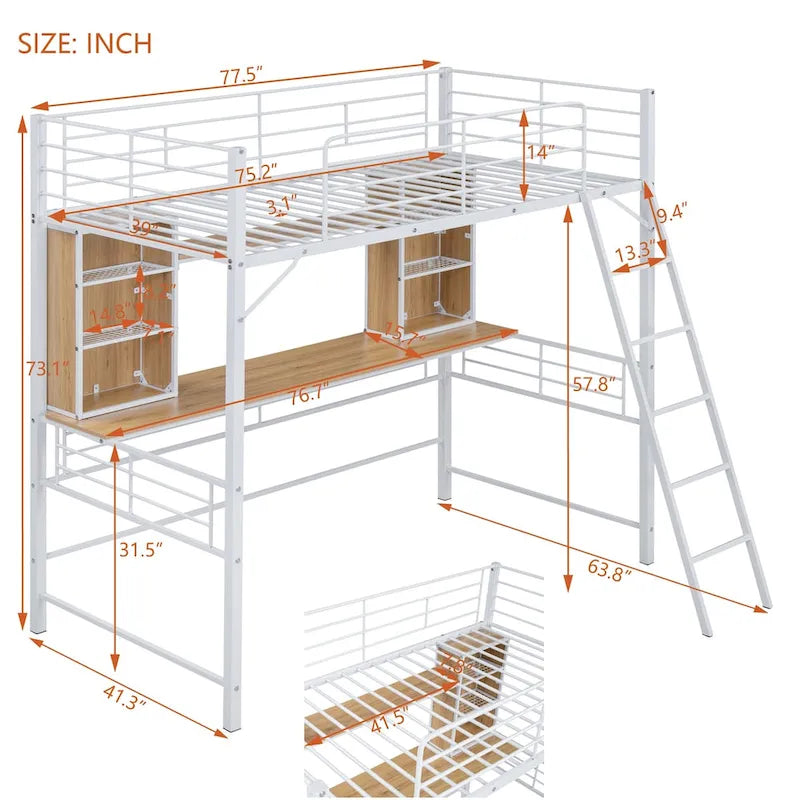 Twin Size Loft Bed with Desk and Shelf , Loft Bed with Ladder