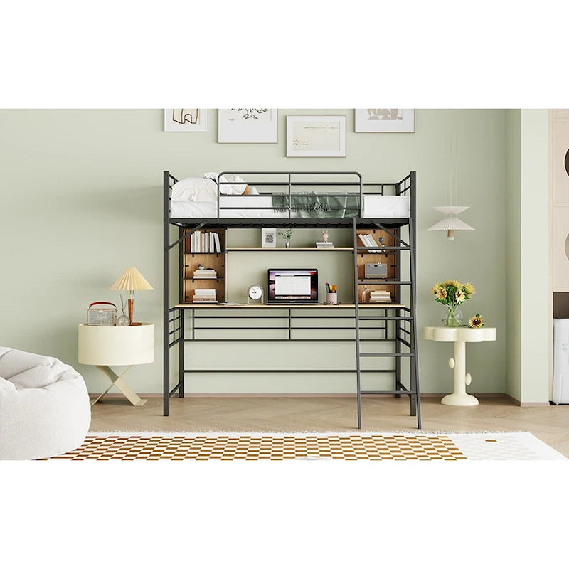 Twin Size Loft Bed with Desk and Shelf , Loft Bed with Ladder