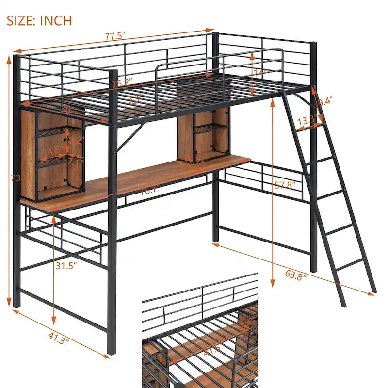 Twin Size Loft Bed with Desk and Shelf , Loft Bed with Ladder