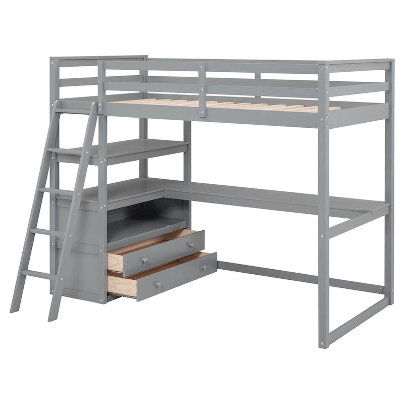 Twin Size Loft Bed with Desk and Shelves, Two Built-in Drawers