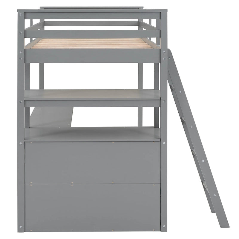 Twin Size Loft Bed with Desk and Shelves, Two Built-in Drawers
