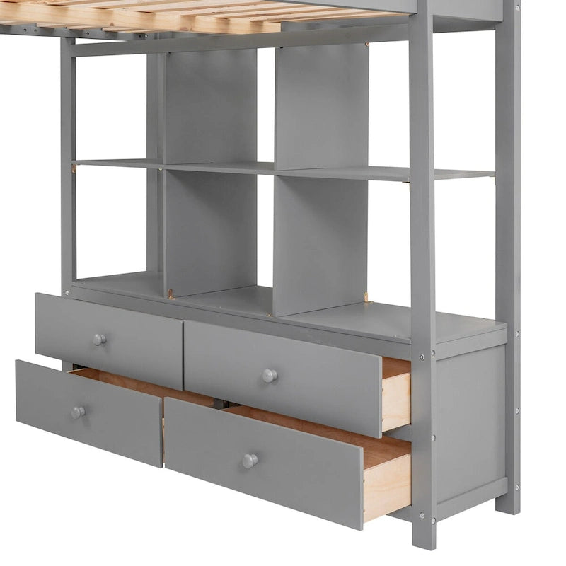 Full Size Loft Bed with Built-In Desk with Multi Drawers and Storage Shelves