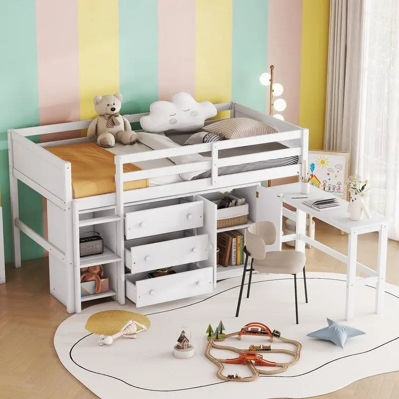Twin Size Low Loft Bed With Pull-Out Desk, Drawers, Cabinet, and Shelves