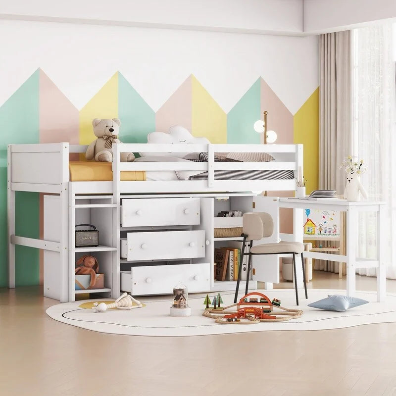 Twin Size Low Loft Bed With Pull-Out Desk, Drawers, Cabinet, and Shelves
