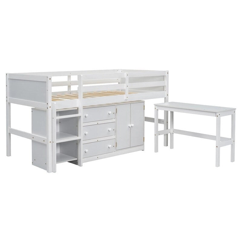 Twin Size Low Loft Bed With Pull-Out Desk, Drawers, Cabinet, and Shelves