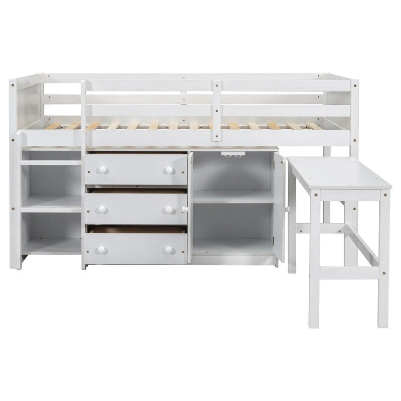 Twin Size Low Loft Bed With Pull-Out Desk, Drawers, Cabinet, and Shelves