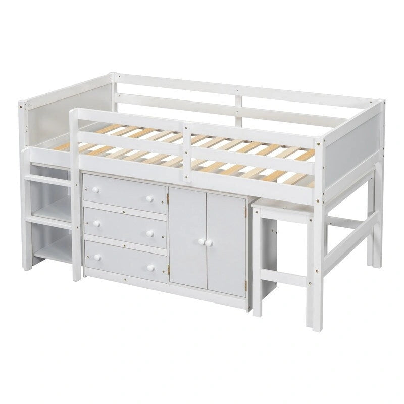 Twin Size Low Loft Bed With Pull-Out Desk, Drawers, Cabinet, and Shelves
