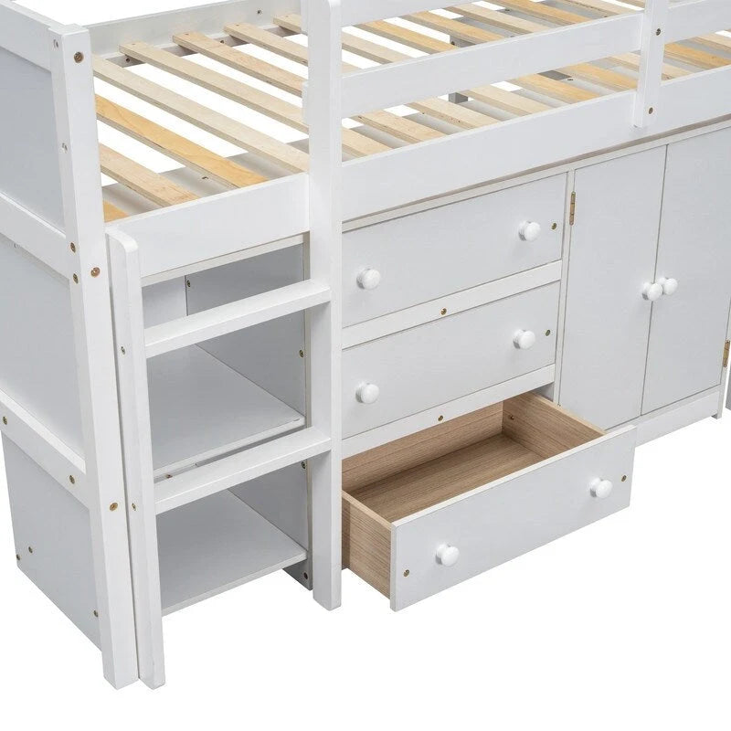 Twin Size Low Loft Bed With Pull-Out Desk, Drawers, Cabinet, and Shelves