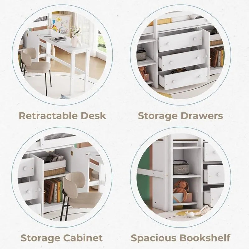 Twin Size Low Loft Bed With Pull-Out Desk, Drawers, Cabinet, and Shelves