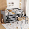 Twin Size Low Loft Bed w/ Pull-Out Desk, Drawers, Cabinet, and Shelves