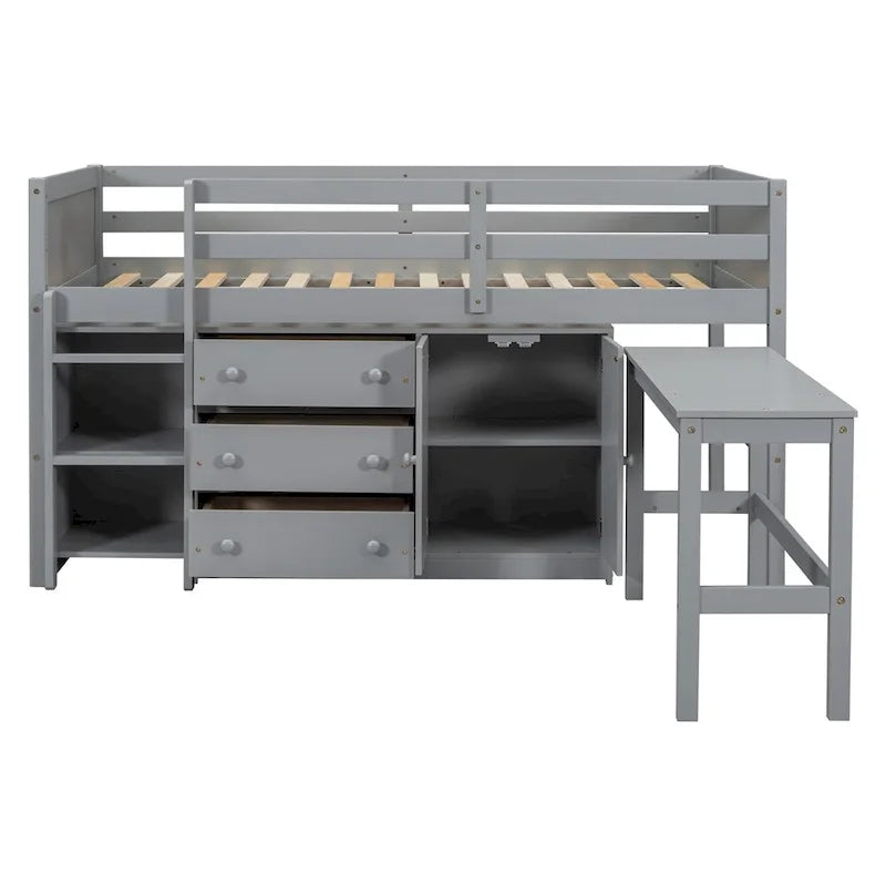 Twin Size Low Loft Bed w/ Pull-Out Desk, Drawers, Cabinet, and Shelves