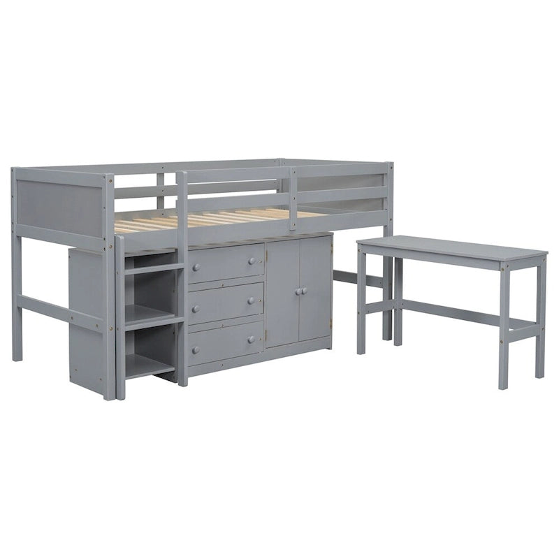 Twin Size Low Loft Bed w/ Pull-Out Desk, Drawers, Cabinet, and Shelves