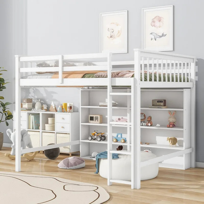 Full Size Loft Bed with 8 Open Storage Shelves Cabinet and Built-In Ladder, Full Length Guardrail & Underbed Storage Space