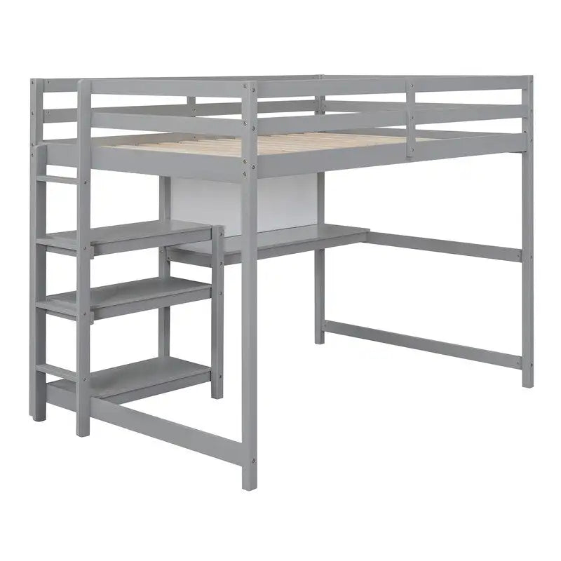 Full Size Wooden Loft Bed with Shelves, Desk and Writing Board