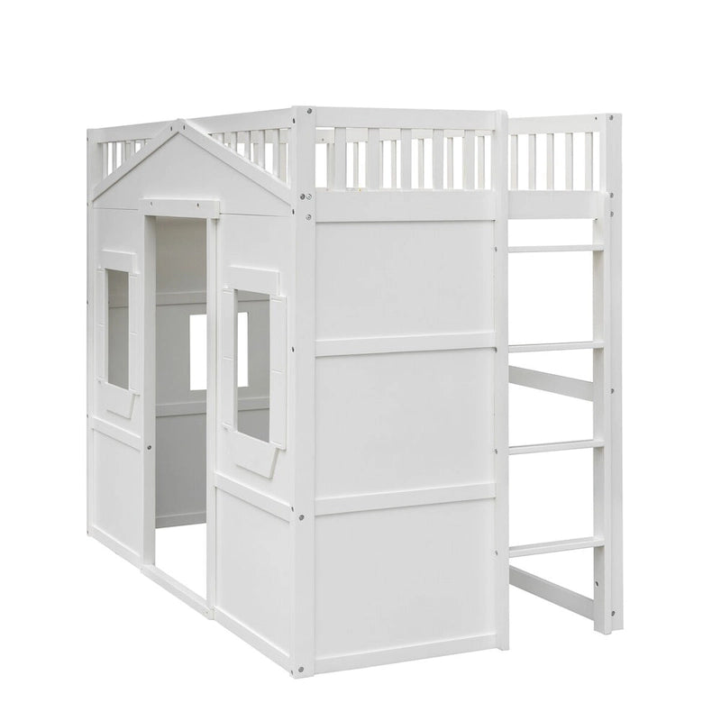 Twin Size Creativity House Bed Wooden Loft Bed with Built-In Ladder and Underbed Storage Space, Full-Length Guardrail