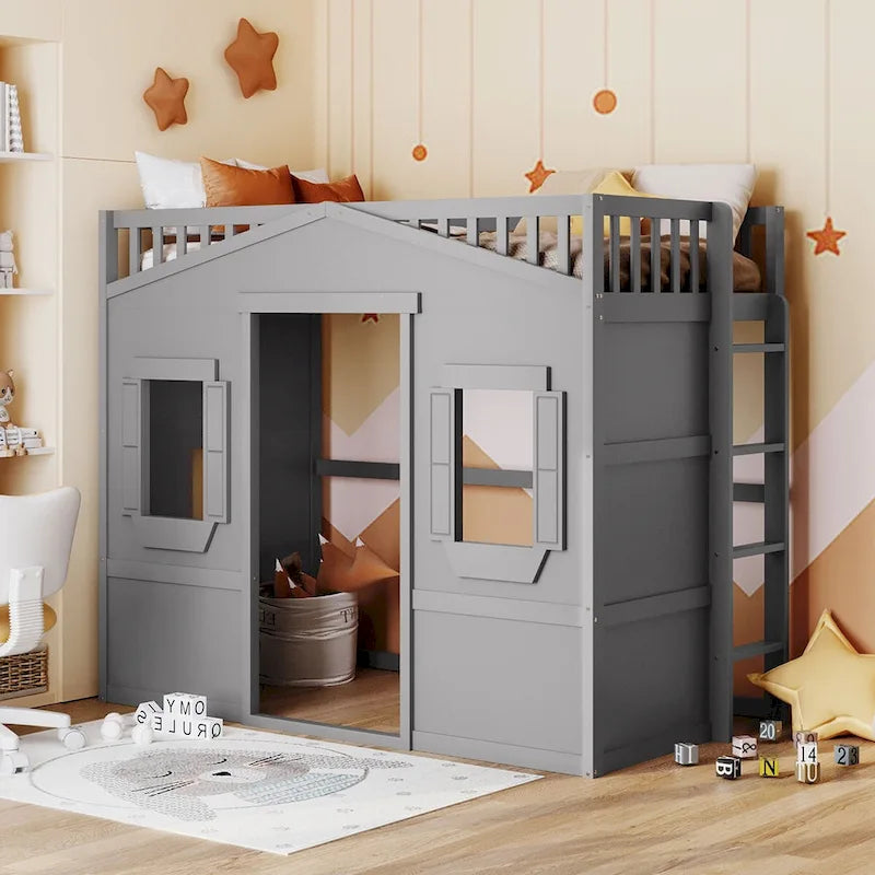 Twin Size Creativity House Bed Wooden Loft Bed with Built-In Ladder and Underbed Storage Space, Full-Length Guardrail