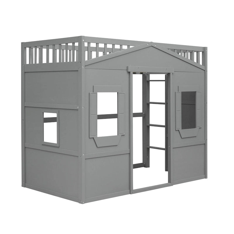 Twin Size Creativity House Bed Wooden Loft Bed with Built-In Ladder and Underbed Storage Space, Full-Length Guardrail