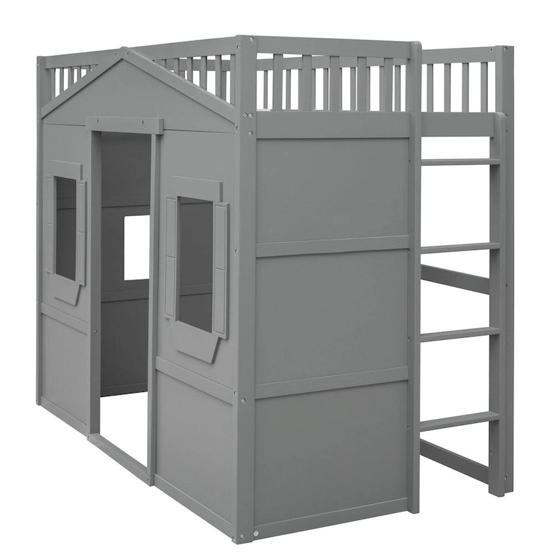 Twin Size Creativity House Bed Wooden Loft Bed with Built-In Ladder and Underbed Storage Space, Full-Length Guardrail