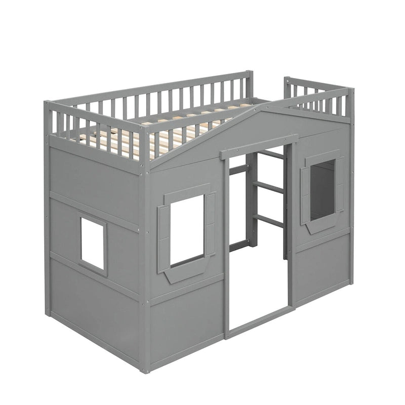 Twin Size Creativity House Bed Wooden Loft Bed with Built-In Ladder and Underbed Storage Space, Full-Length Guardrail