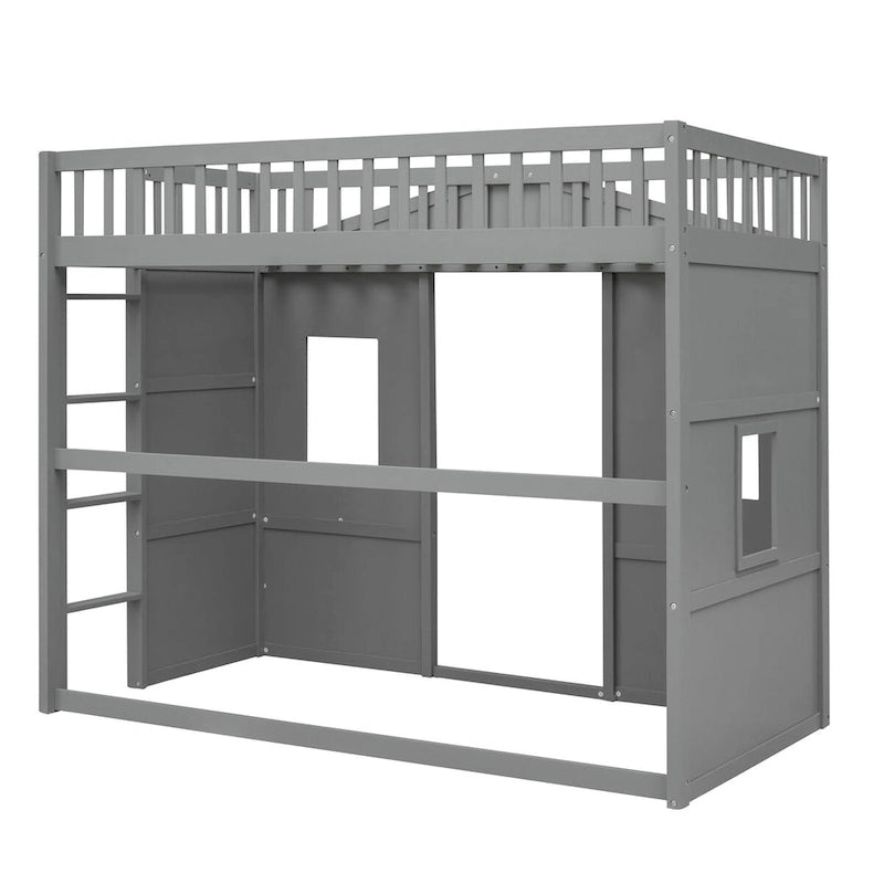 Twin Size Creativity House Bed Wooden Loft Bed with Built-In Ladder and Underbed Storage Space, Full-Length Guardrail
