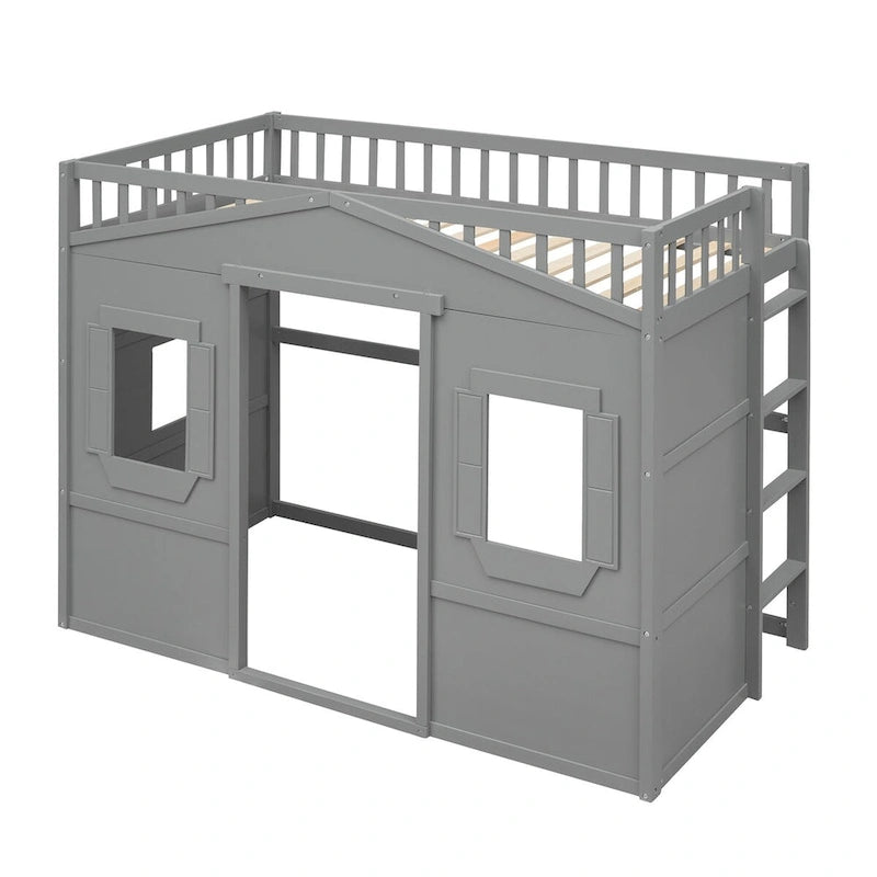 Twin Size Creativity House Bed Wooden Loft Bed with Built-In Ladder and Underbed Storage Space, Full-Length Guardrail