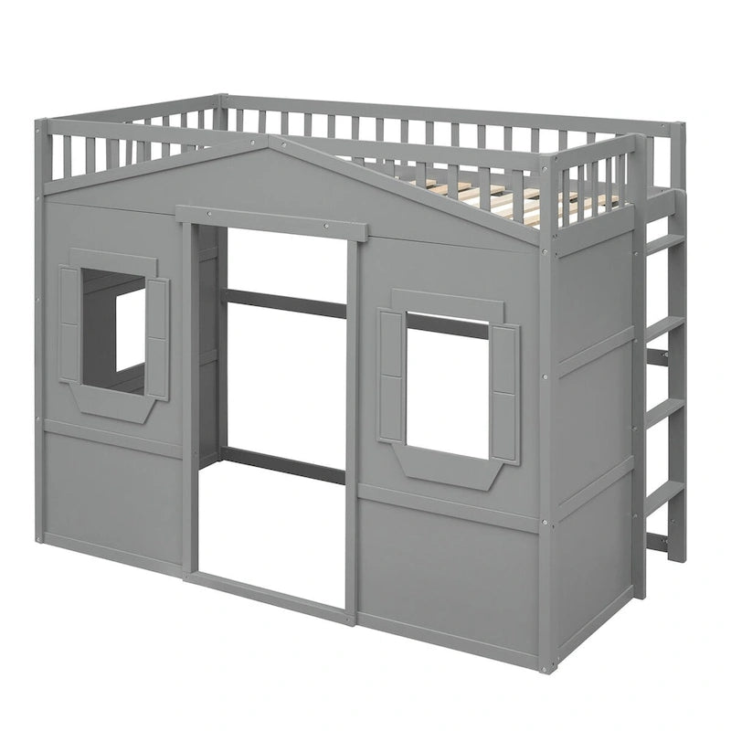 Twin Size Creativity House Bed Wooden Loft Bed with Built-In Ladder and Underbed Storage Space, Full-Length Guardrail