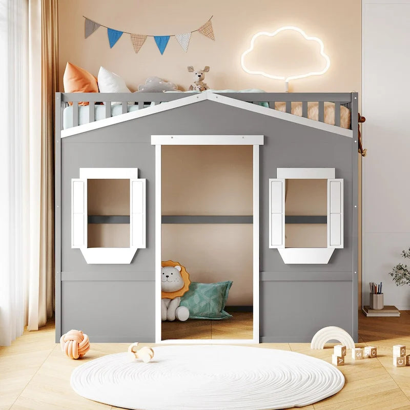 Twin Size Creativity House Bed Wooden Loft Bed with Built-In Ladder and Underbed Storage Space, Full-Length Guardrail