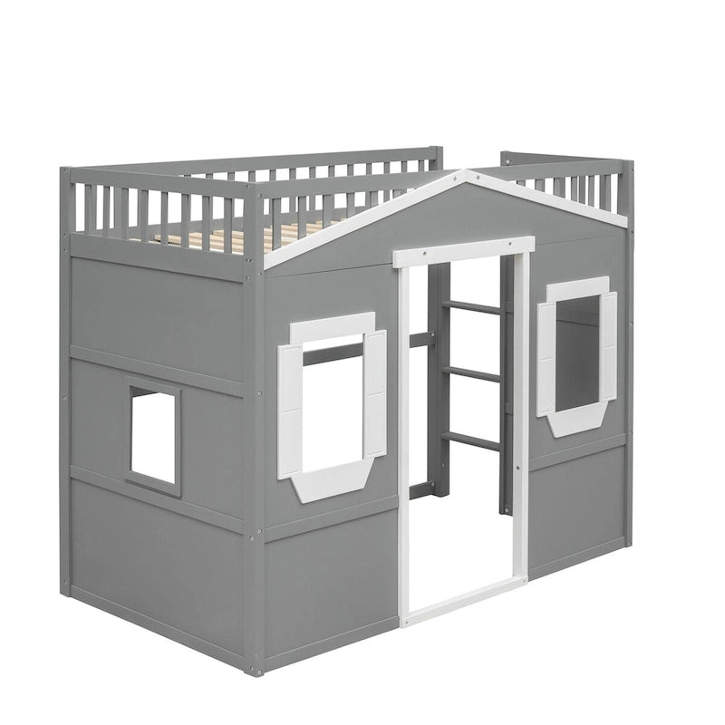 Twin Size Creativity House Bed Wooden Loft Bed with Built-In Ladder and Underbed Storage Space, Full-Length Guardrail