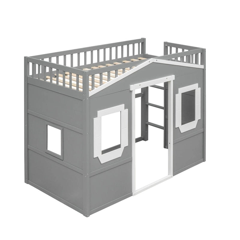 Twin Size Creativity House Bed Wooden Loft Bed with Built-In Ladder and Underbed Storage Space, Full-Length Guardrail