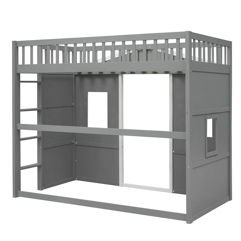 Twin Size Creativity House Bed Wooden Loft Bed with Built-In Ladder and Underbed Storage Space, Full-Length Guardrail
