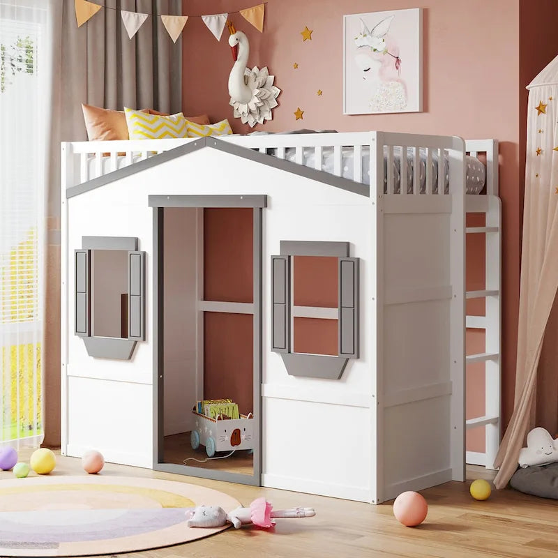 Twin Size Creativity House Bed Wooden Loft Bed with Built-In Ladder and Underbed Storage Space, Full-Length Guardrail